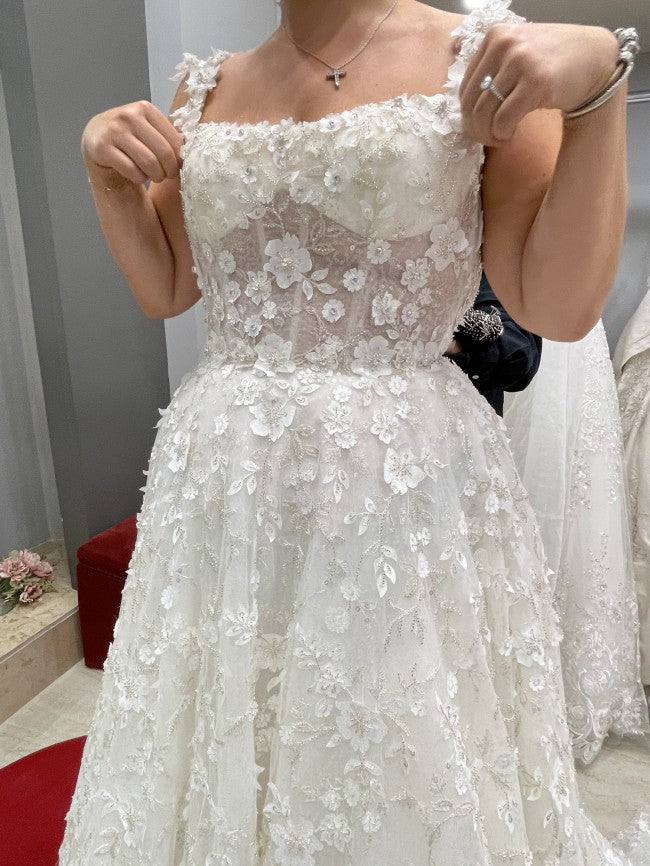 C2023-A661 plus size a-line flower motif wedding gown with straps