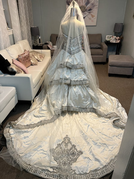 C2023-FB1109 strapless beaded formal ball gown wedding dress with tiered cathedral train