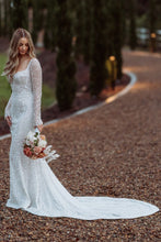 C2023-LS771 vestido de novia sin espalda de manga larga con cuentas de cristal y lentejuelas y línea de busto abierta