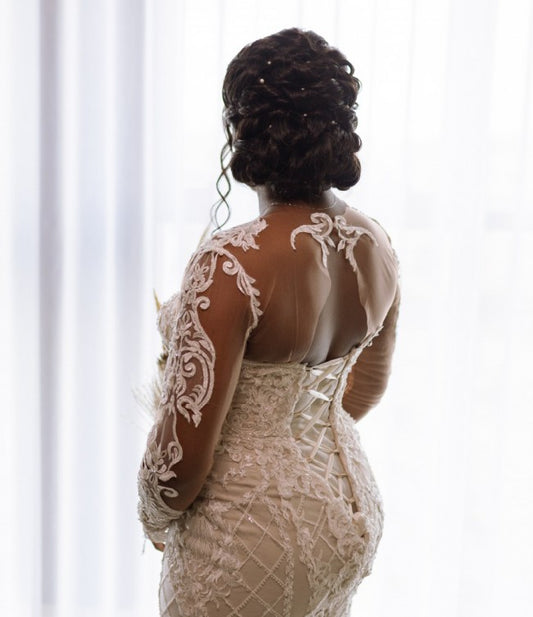 C2023-LS116 Sheer long sleeve illusion neckline wedding gown