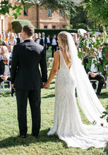 C2023-VN123 sleeveless v-neck 3D flower motif wedding gown and cathedral veil
