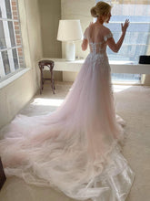 C2023-OA881 - Vestido de novia de corte A, manga corta y hombros descubiertos, cuello ilusión