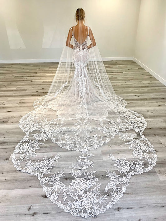 C2023-BL717f - ornate beaded lace wedding gown with straps and cathedral veil