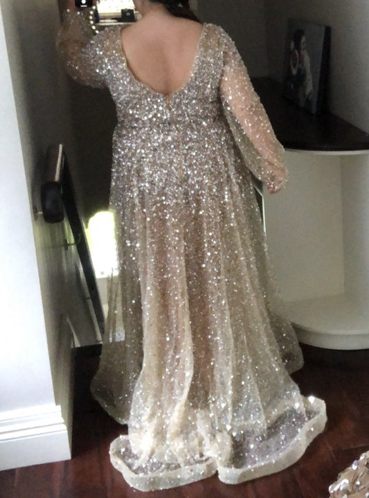 C2023-SPS91 col en v à manches longues grande taille sequin robe de soirée formelle robe de mariée