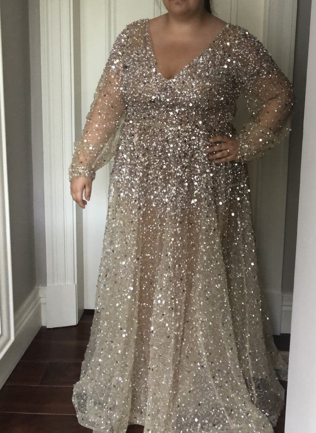 C2023-SPS91 v-neck long sleeve plus size sequin formal evening gown we – Darius Couture