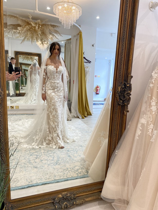 Couture off the shoulder long sleeve bridal gown