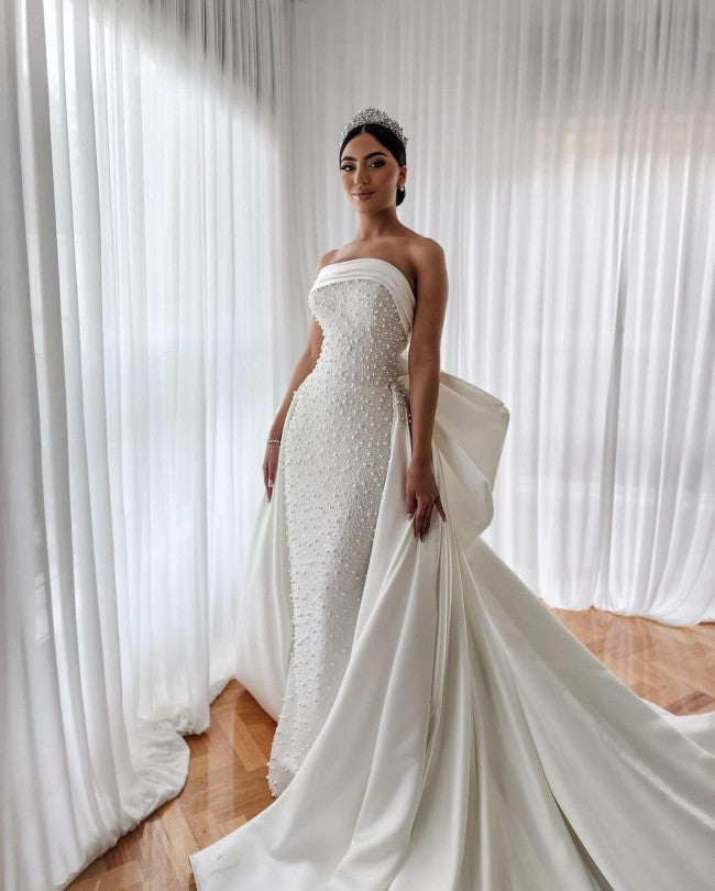 C2022-sbg55 Elegant strapless fitted wedding gown with detachable bow –  Darius Couture
