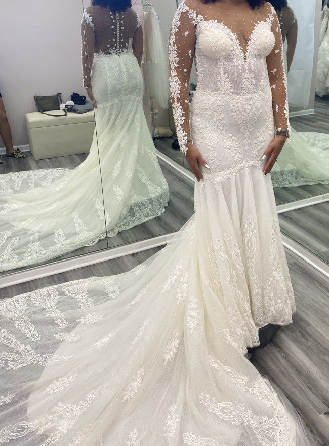 C2023-sls661 Sheer long sleeve plus size fit-and-flare wedding gown