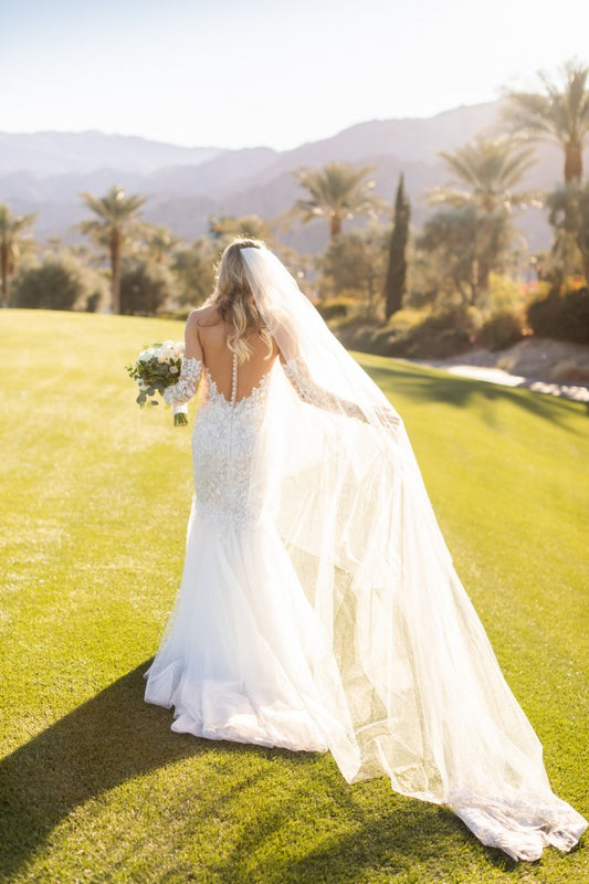 C2022-L0122 Halter style beaded lace wedding gown with detachable sleeves