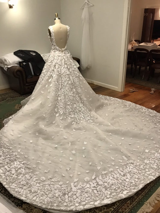 C2023-AL302d - sleeveless v-neck a-line wedding gown with cathedral train