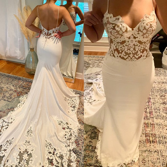 Lace bodice wedding gown with spaghetti straps