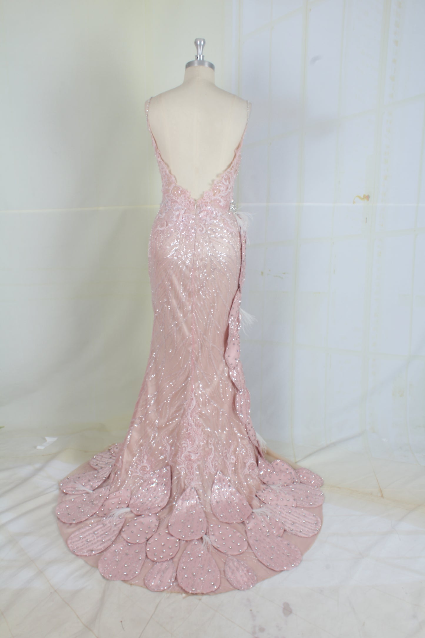 Estilo #95153 vestido de noche 3D de diseñador de alta costura rosa pastel para desfiles