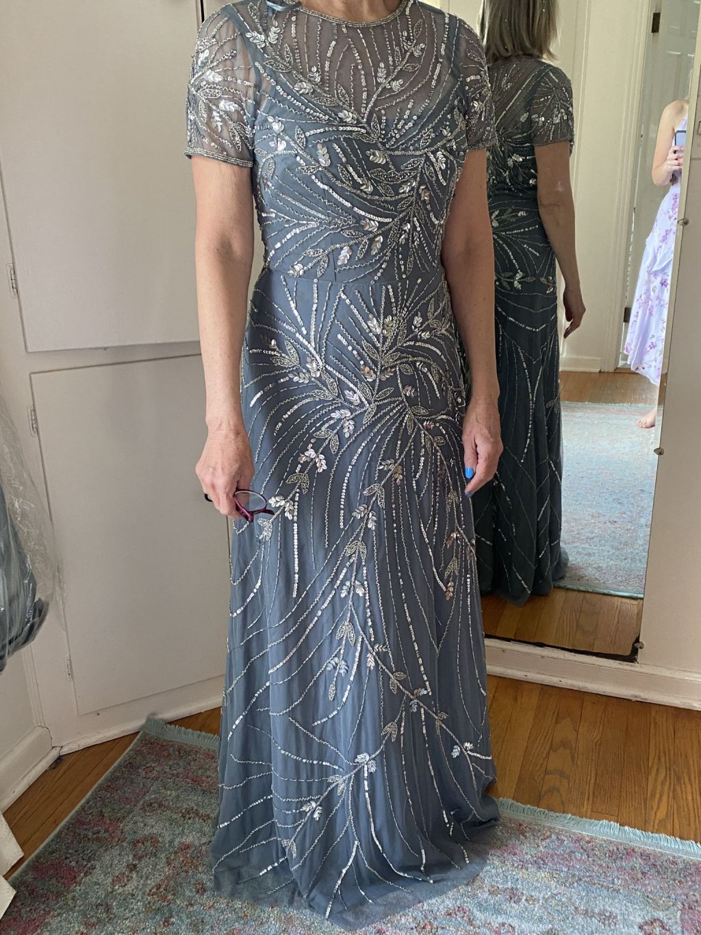 C2022-Mbs76 - Short sleeve pastel beaded mother of the groom evening gown