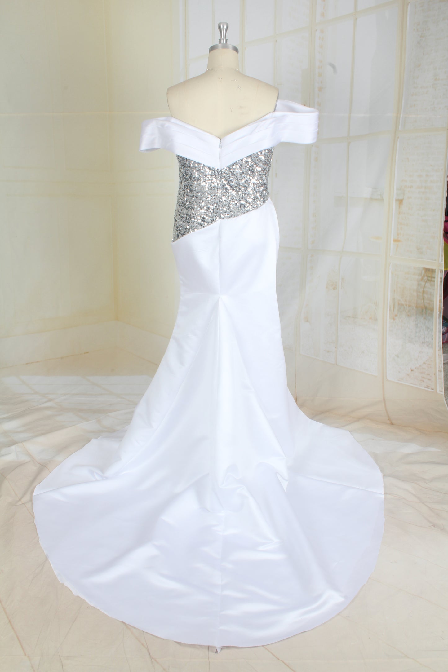 Style C2022JDw - White Off the shoulder evening gowns with split