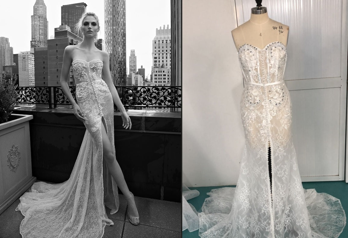 Réplique inspirée d'une robe de mariée couture sans bretelles en dentelle