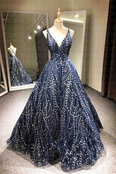 C2022-NB61 - Vestido de fiesta formal azul sin mangas con cuello en V