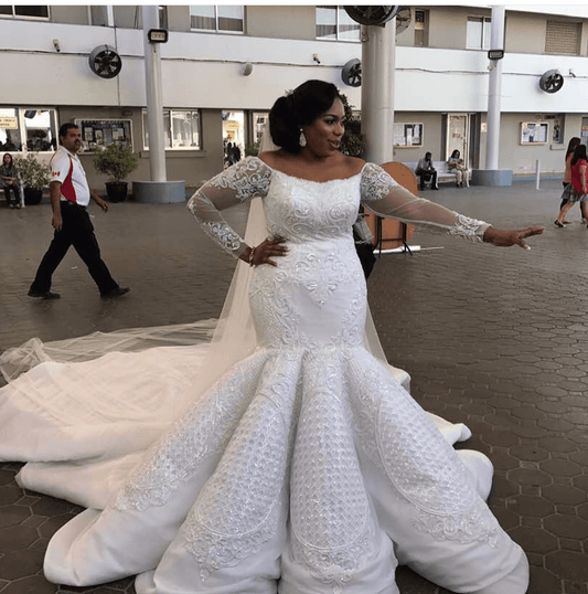 C2019 - LSP080 Off the shoulder long sleeve plus size fit-to-flare wedding gown