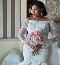 C2019 - LSP080 Vestido de novia ajustado a vuelo de talla grande, manga larga y hombros descubiertos