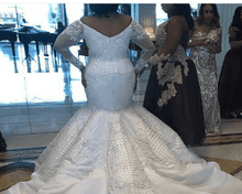 C2019 - LSP080 Vestido de novia ajustado a vuelo de talla grande, manga larga y hombros descubiertos