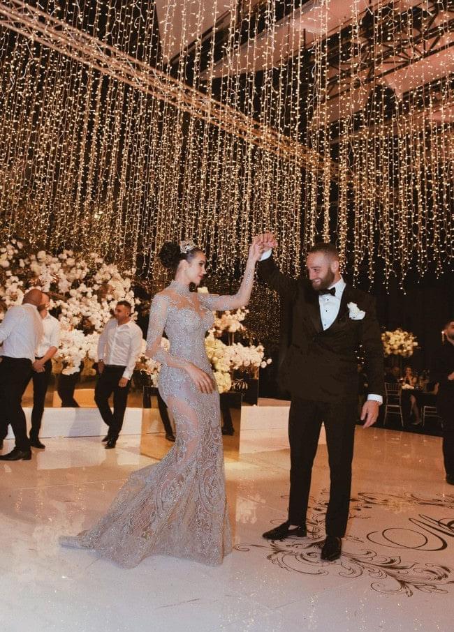 C2021-aLF88 - long sleeve bugle beaded illusion neckline wedding gown with detachable cathedral train