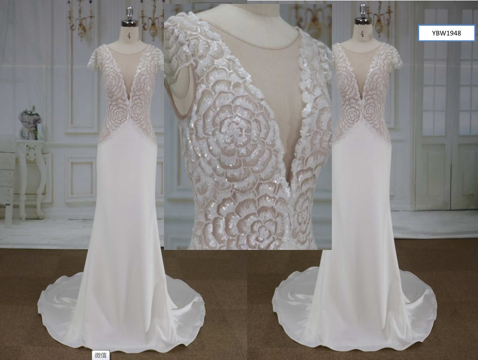 Style YBW1948 Sequin flower wedding dresses with cap sleeves