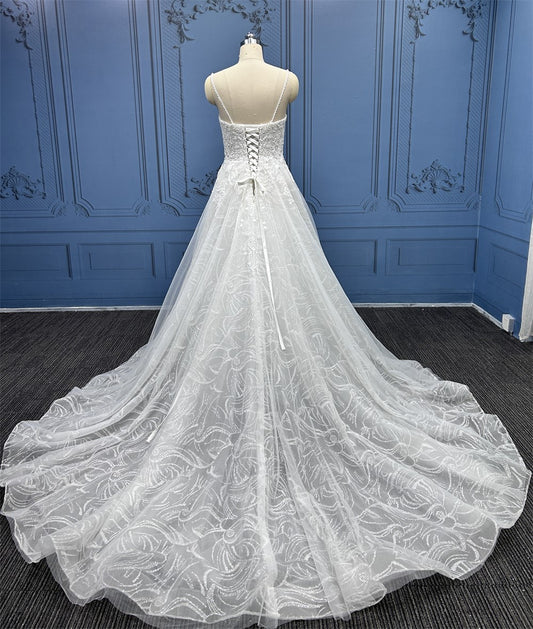 WT4190 - robe de mariée trapèze en dentelle perlée et bretelles spaghetti
