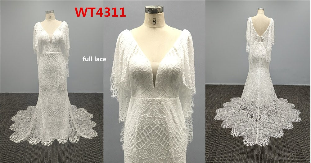 WT4311 - Bohemian lace v-neck wedding gown with train