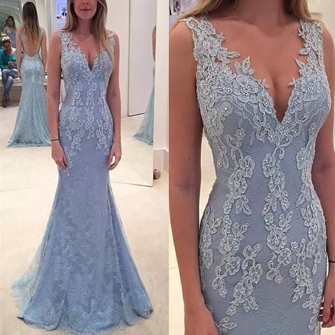 Vestido de novia sin mangas de encaje azul suave con escote en pico