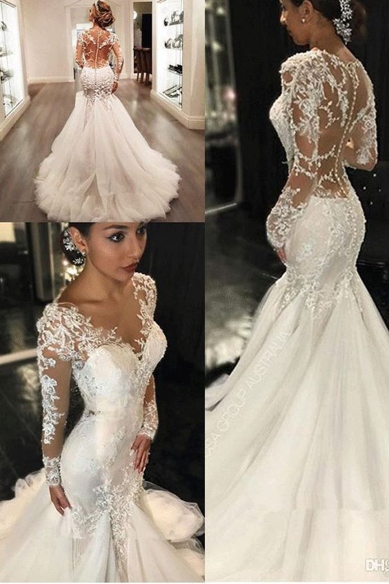 C2020SL78 - Robe de mariée transparente à manches longues et col en V
