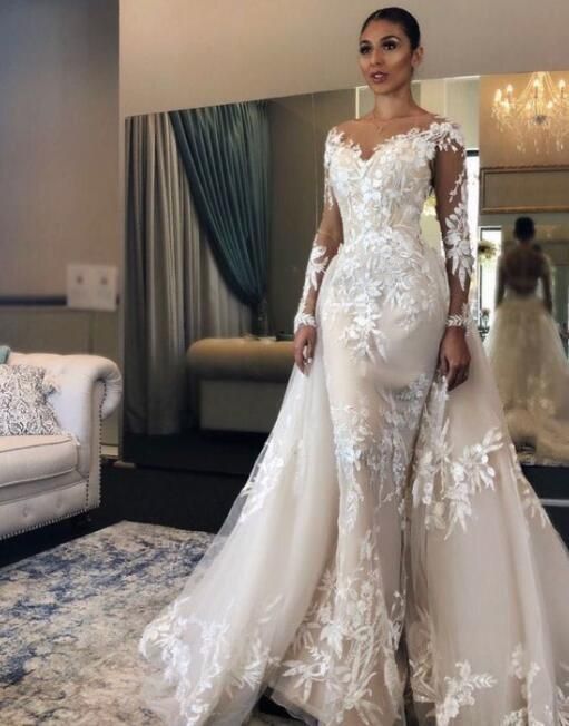 C2022-Sll447 Sheer long sleeve lace wedding gown