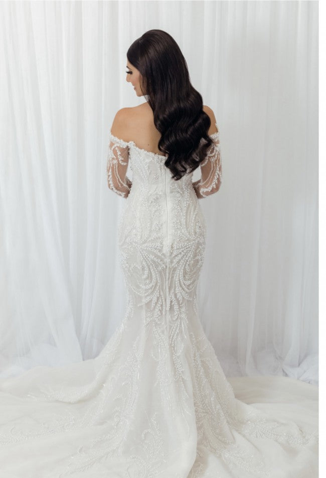 C2023-LSB691 beaded off the shoulder long sleeve wedding gown