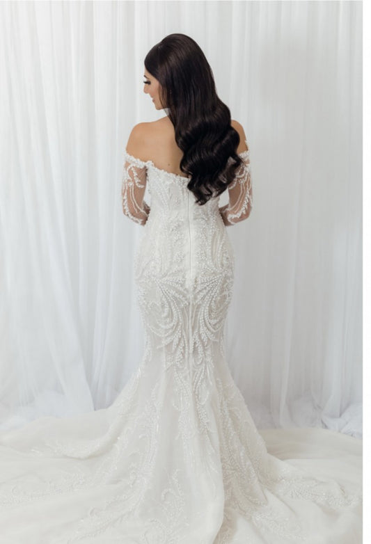 C2023-LSB691 beaded off the shoulder long sleeve wedding gown