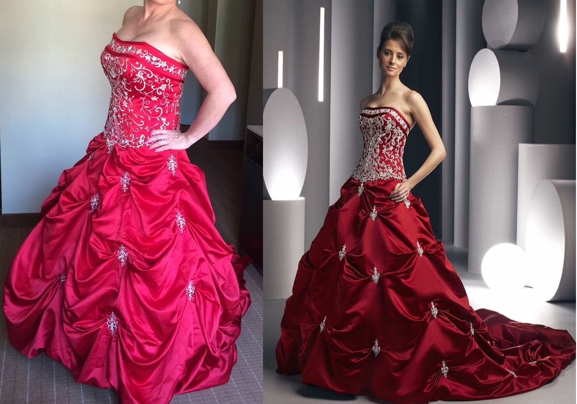 Réplica de un vestido de novia formal rojo sin tirantes