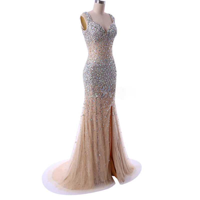 Style DC-Y7 - Beaded Sheer Pageant Evening Gown Dresses with Swarovski Crystals