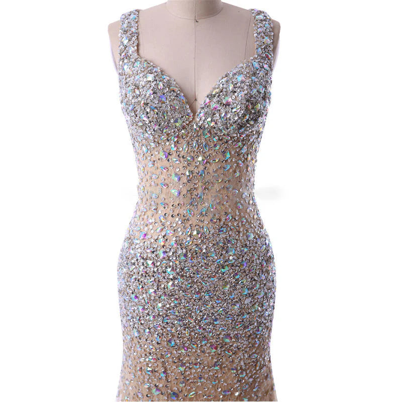Style DC-Y7 - Beaded Sheer Pageant Evening Gown Dresses with Swarovski Crystals