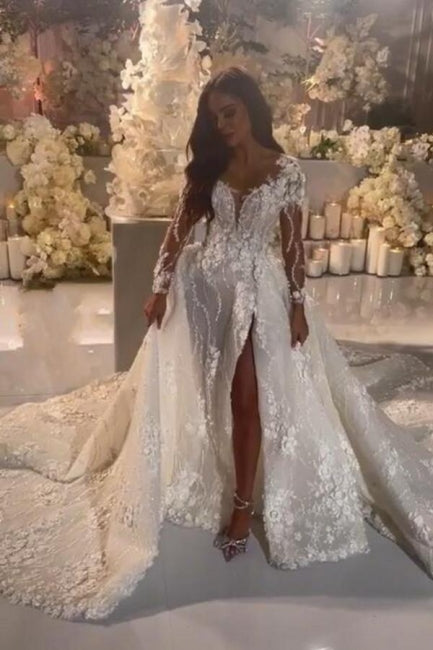 C2024-LSV11 - Vestido de novia transparente de manga larga con escote ilusión y abertura en la pierna