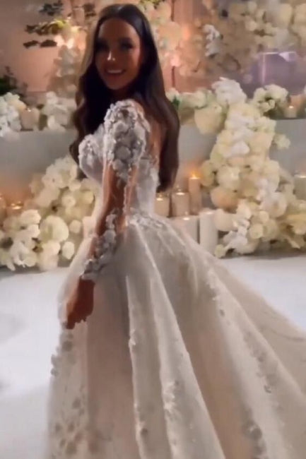 C2024-LSV11 - Vestido de novia transparente de manga larga con escote ilusión y abertura en la pierna
