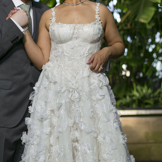 C2023-PSA441 - plus size a-line wedding gown with 3D flower embellishments and lace straps