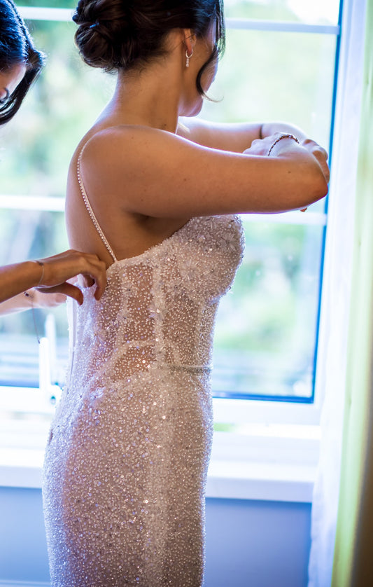 C2023-CS812 - beaded corset style wedding gown with spaghetti straps