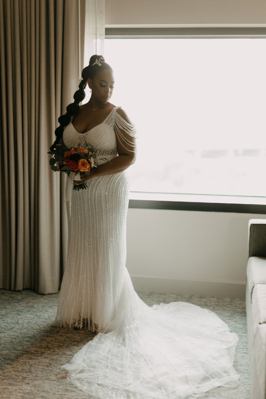 C2023-SB775 - Backless scoop neck plus size beaded wedding gown