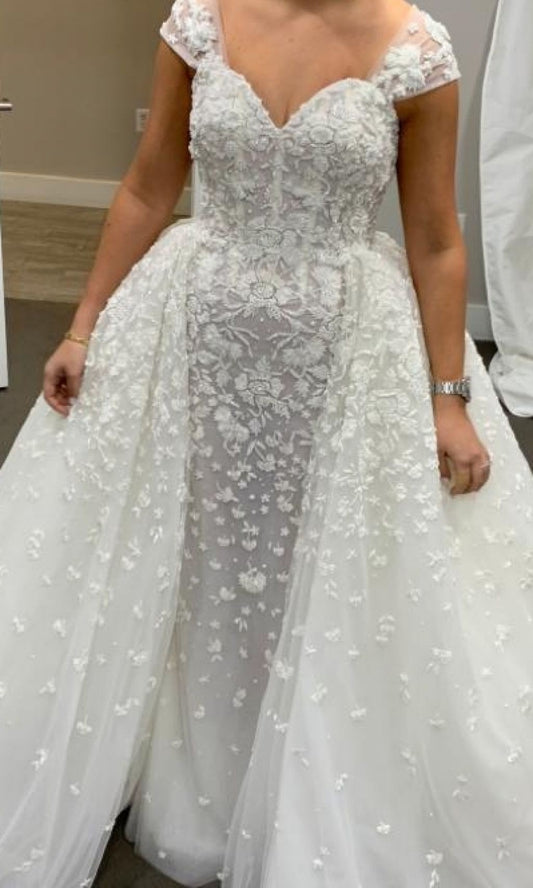 C2023-CS081 - short cap sleeve beaded lace wedding gown with detachable skirt train