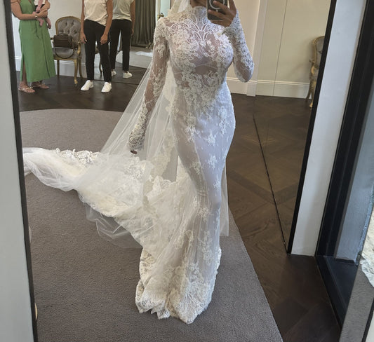 C2023-LSM5K - modest long sleeve beaded lace fitted wedding gown