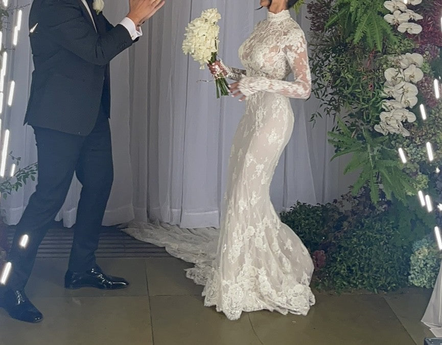 C2023-LSM5K - modest long sleeve beaded lace fitted wedding gown