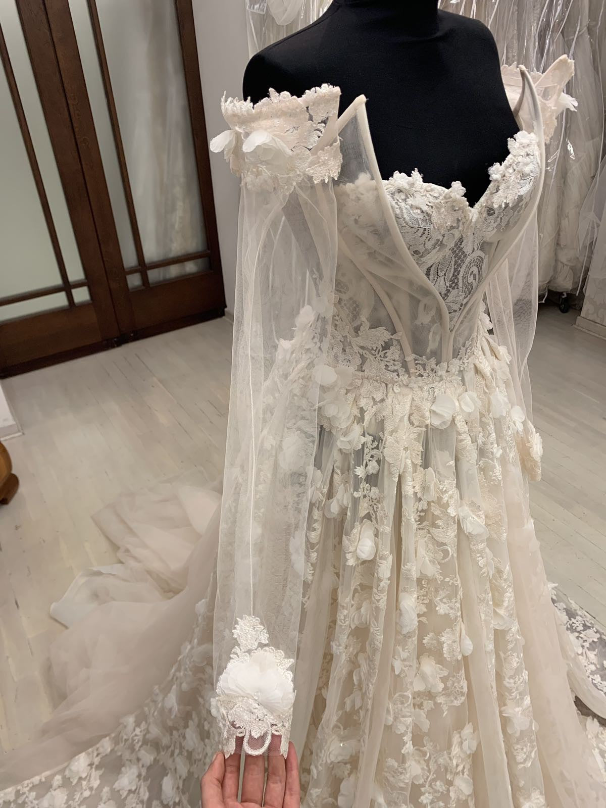 C2023-LS83T - off the shoulder sheer long sleeve a-line wedding gown
