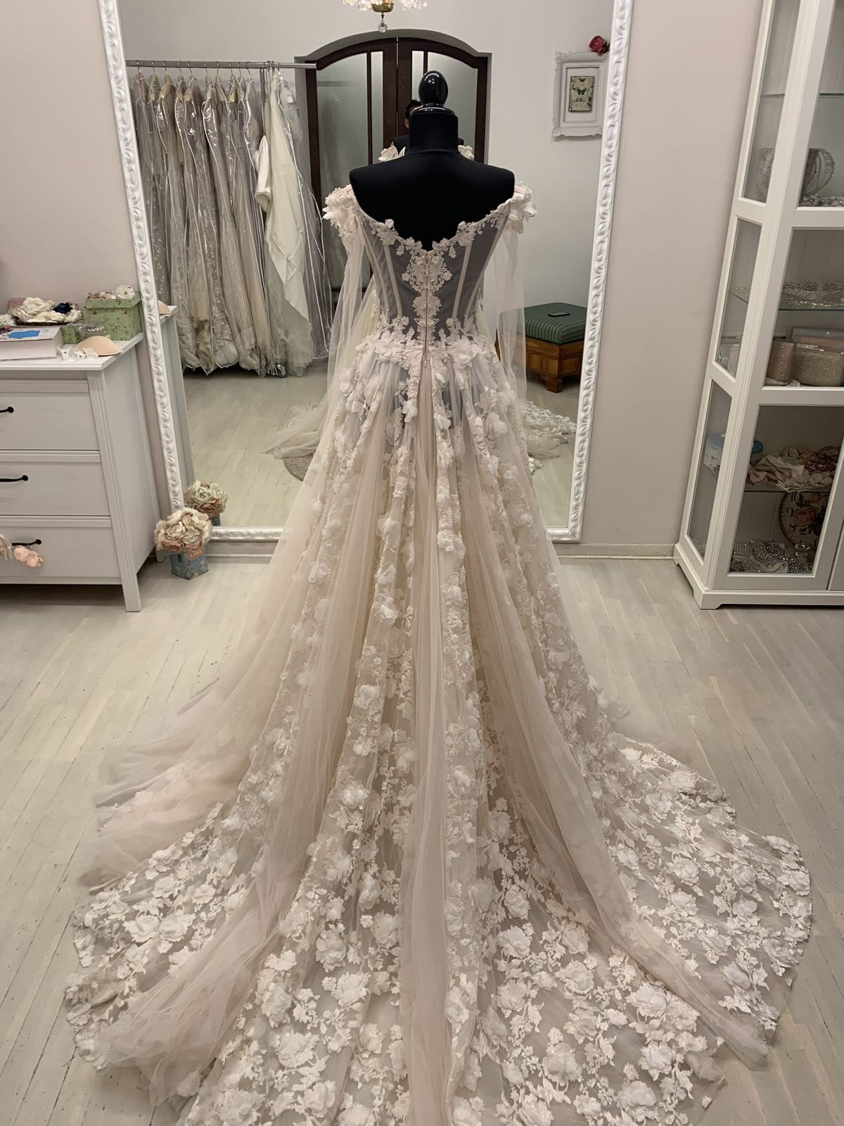 C2023-LS83T - off the shoulder sheer long sleeve a-line wedding gown