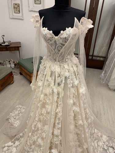 C2023-LS83T - vestido de novia de manga larga transparente con hombros descubiertos