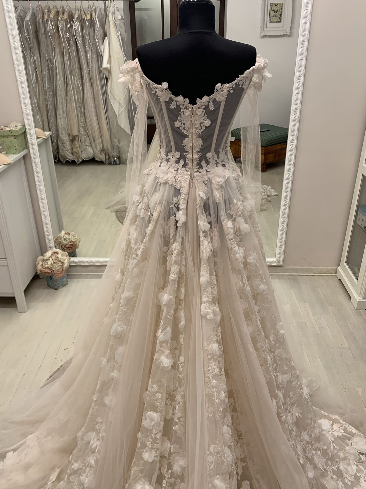 C2023-LS83T - off the shoulder sheer long sleeve a-line wedding gown
