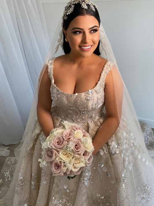 C2023-BG64P - sleeveless plus size formal ball gown wedding dress with open neckline
