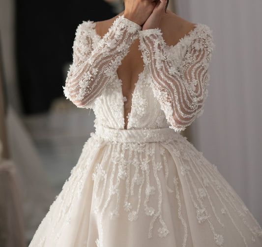 C2023-LS337B - sexy v-neck sheer long sleeve embellished wedding dress with detachable ball gown skirt