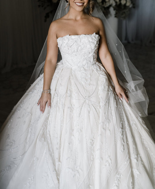 C2023-SBG45 - strapless ball gown wedding dress with 3D embellishments & chapel train